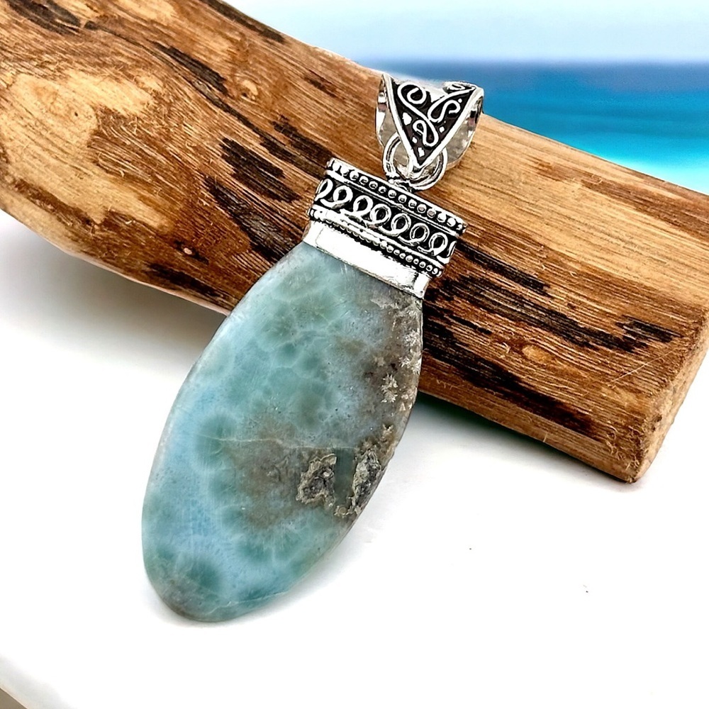 LARGE Larimar Natural Caribbean Gemstone 925 Silver Pendant Necklace